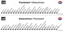 U Bahn Fahrplan der U6 in Wien mit allen Stationen, Fahrzeiten von Floridsdorf nach Siebenhirten und retour