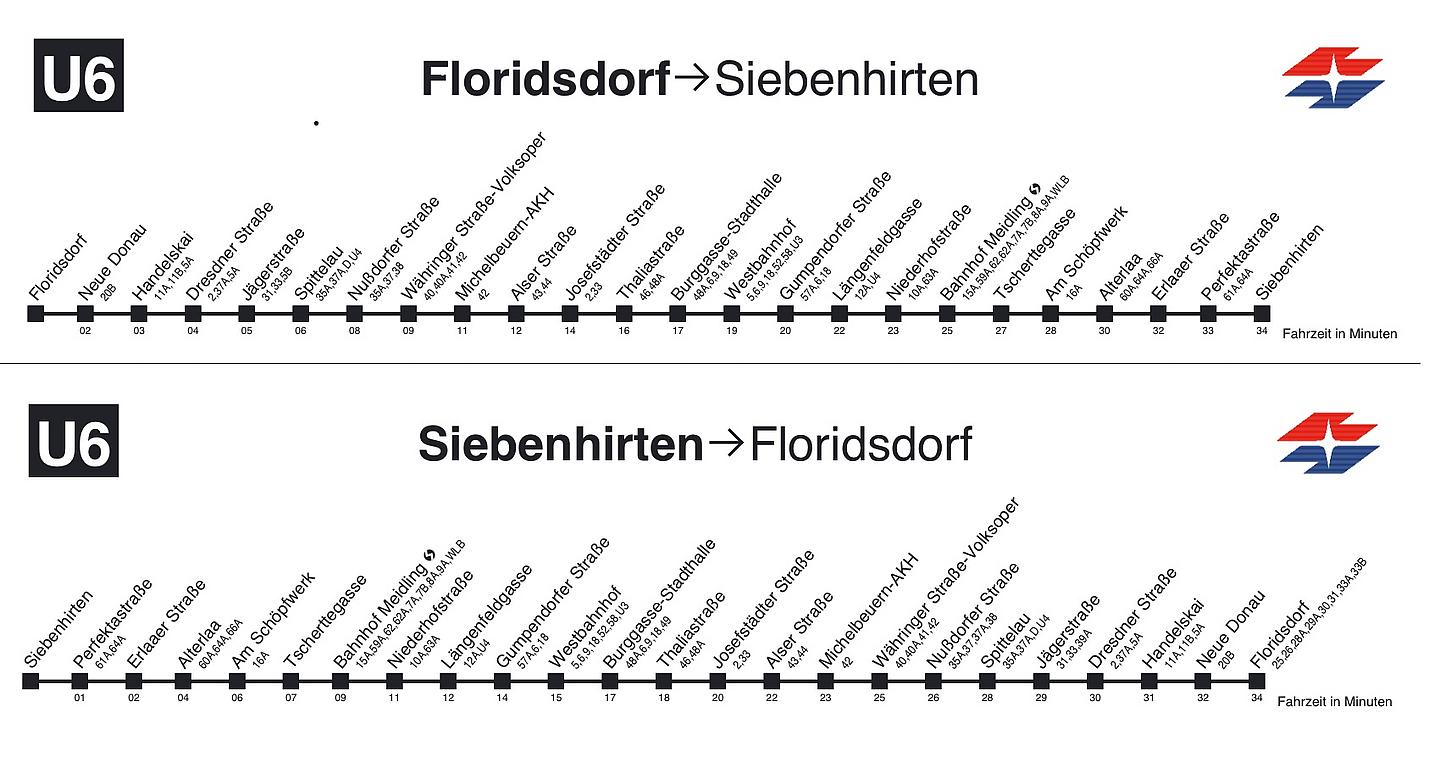 U Bahn Fahrplan der U6 in Wien mit allen Stationen, Fahrzeiten von Floridsdorf nach Siebenhirten und retour