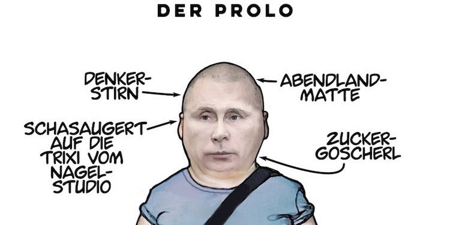 Der Prolo: eine Karikatur von Andrea Maria Dusl zeigt Wiener Typen