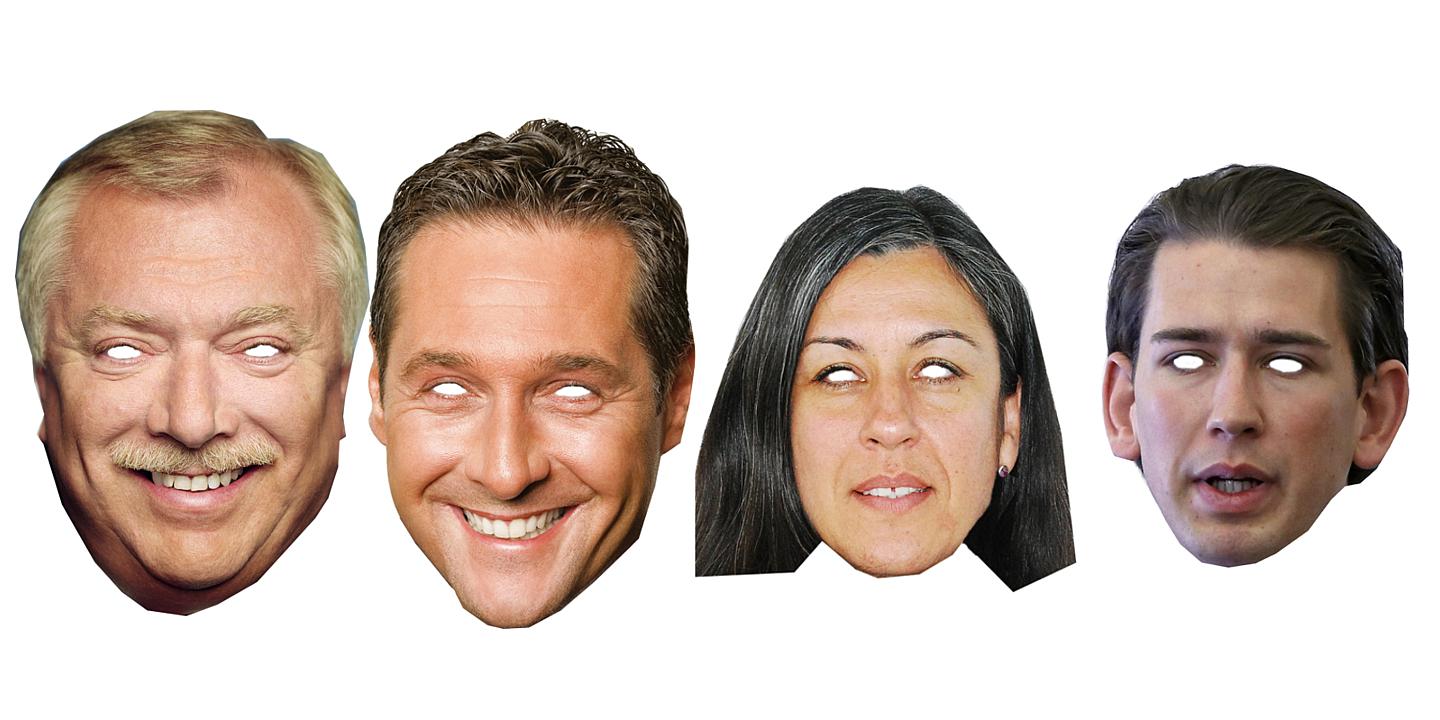 Häupl, Strache, Vassilakou und Sebastian Kurz als Masken.