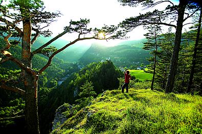 Wanderer steht vor Abhang und blickt ins Tal