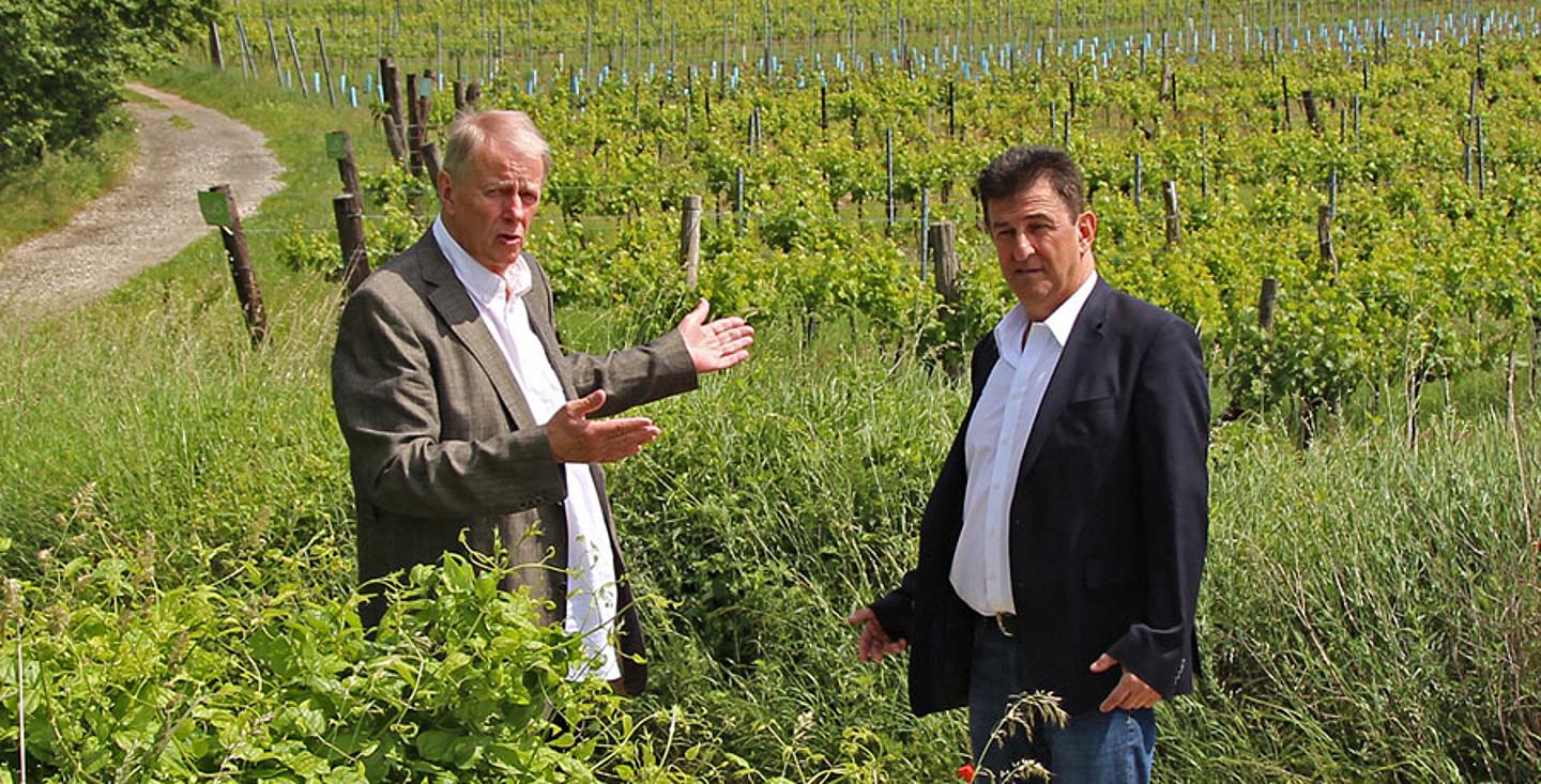 Hans Jörg Schimanek und Ossi Turtenwald stehen im Grün