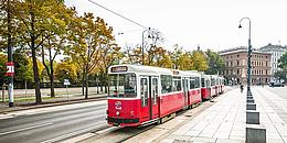 Wiener Straßenbahn hält an einer Haltestelle an.