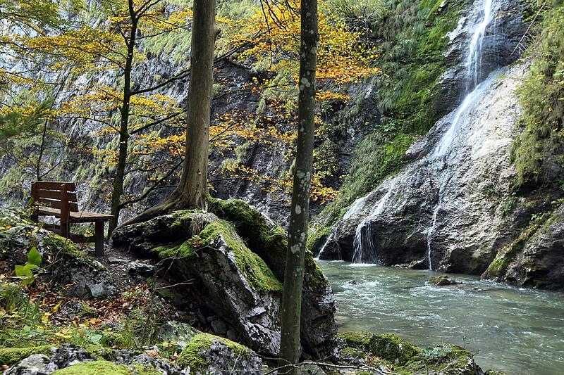 Parkbank im Wald vor Bach und Wasserfall