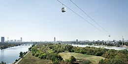 Das Bild zeigt die Seilbahn über der Donauinsel.