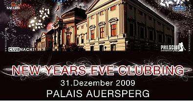 Werbeflyer New Years Eve Clubbing im Palais Auersperg, zu sehen das Palais mit Feuerwerk im Hintergrund