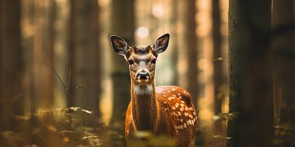 Reh steht im Wald und schaut in die Kamera