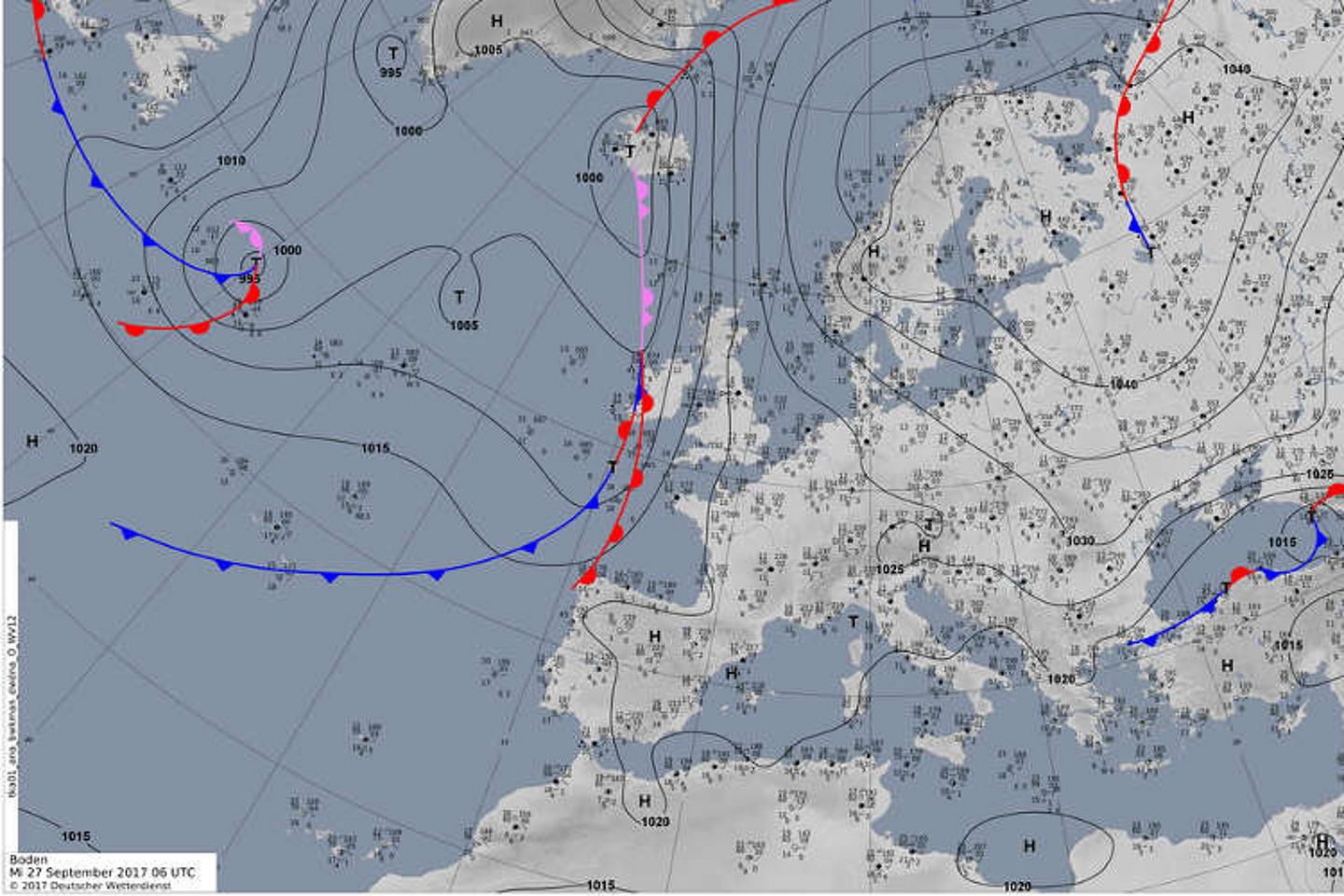 Okklusion: Zusammenschluss von Warmfront und Kaltfront auf einer Bodenwetterkarte Europas; Grafik: DWD-Deutscher Wetterdienst