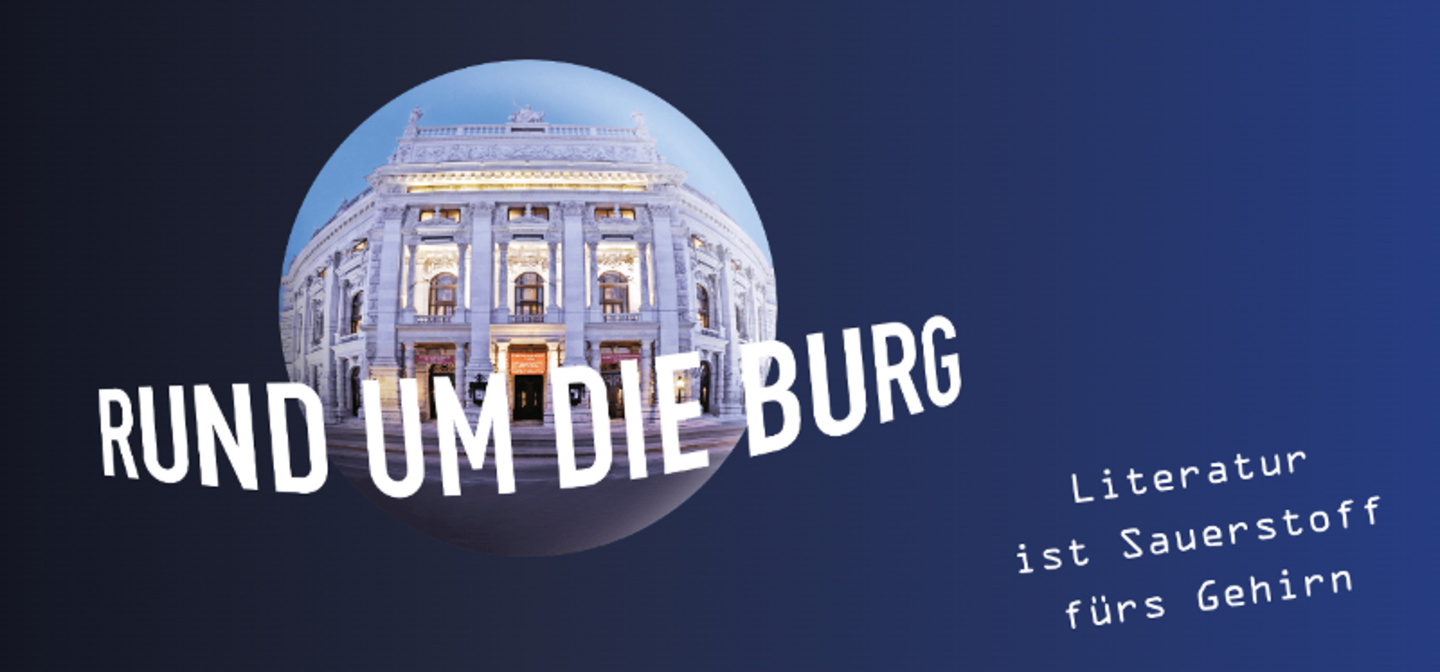 Logo des Buchfestivals "Rund um die Burg" daneben ein Schriftzug