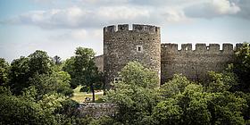 Mann feiert auf Stadtmauer mit Ballons