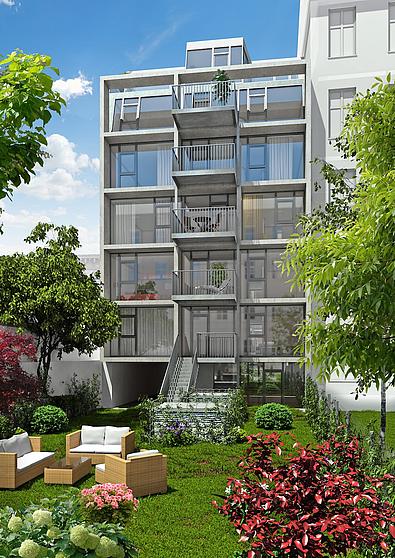 Gartenansicht Wohnhaus SEG Stolberggasse