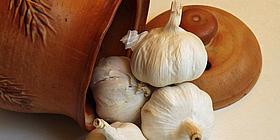 Knoblauch, der vor einem umgestürzten Keramiktopf liegt 