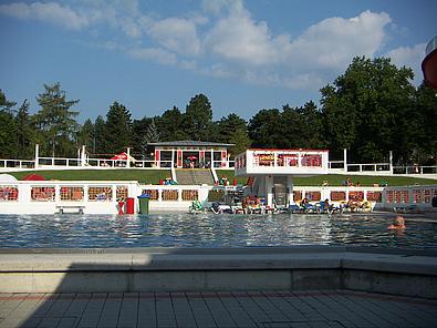 Ein großes, eher leeres Außenbecken im Halbschatten