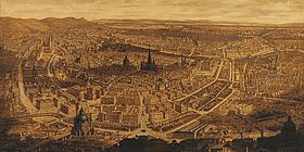 Bild von historischem Stich von der Stadt Wien. Im Zentrum ragt der Stephansdom über die ihn umgebenden Häuser.