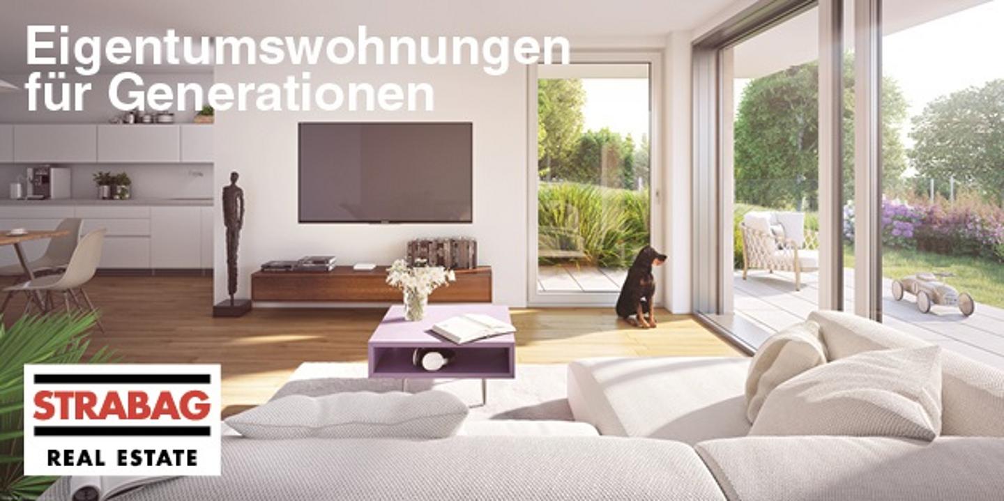 Wohnung Innenansicht mit Text "Eigentumswohungen für Generationen"