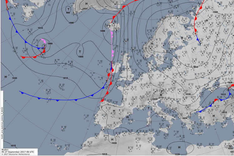 Okklusion: Zusammenschluss von Warmfront und Kaltfront auf einer Bodenwetterkarte Europas; Grafik: DWD-Deutscher Wetterdienst