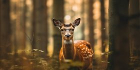 Reh steht im Wald und schaut in die Kamera