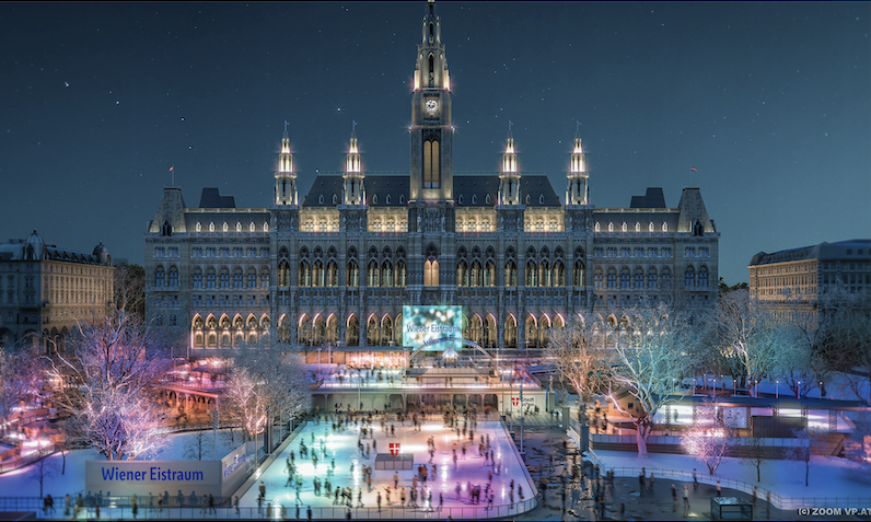 Bild des Eistraums mit Blick auf das Rathaus Wien. 