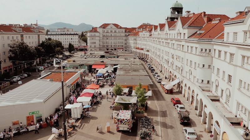 Floridsdorfer Markt in Wien aus der Vogelperspektive