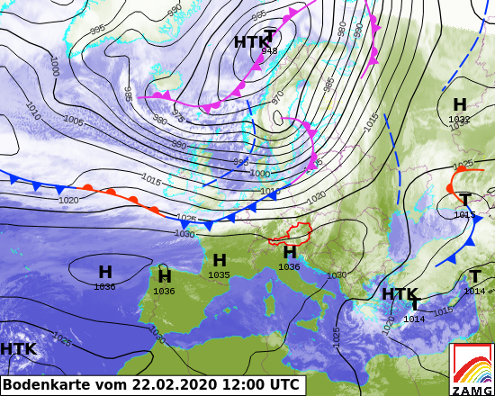 Bodenwetterkarte vom 22.Februar um 12 UTC. Ein Tief über der nordnorwegischen Küste bringt starken Wind. In schwarz: Isobaren, Linien gleichen Luftdrucks.