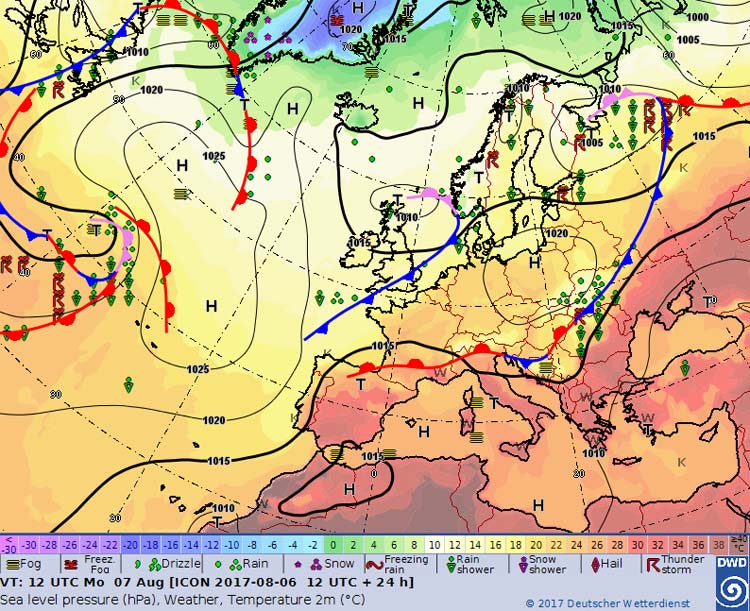 Bodenwetterkarte: Ein Tief über Schottland schickt von Nordwesten her eine Kaltfront über Europa.